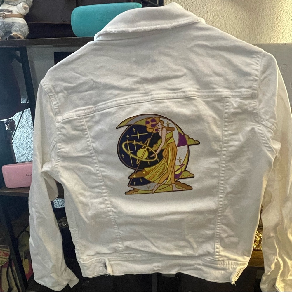 Zara White Denim Jacket with Yellow & Purple Celestial Patch